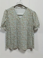 Floral Print Puff Sleeve Blouse V neck Casual Blouse