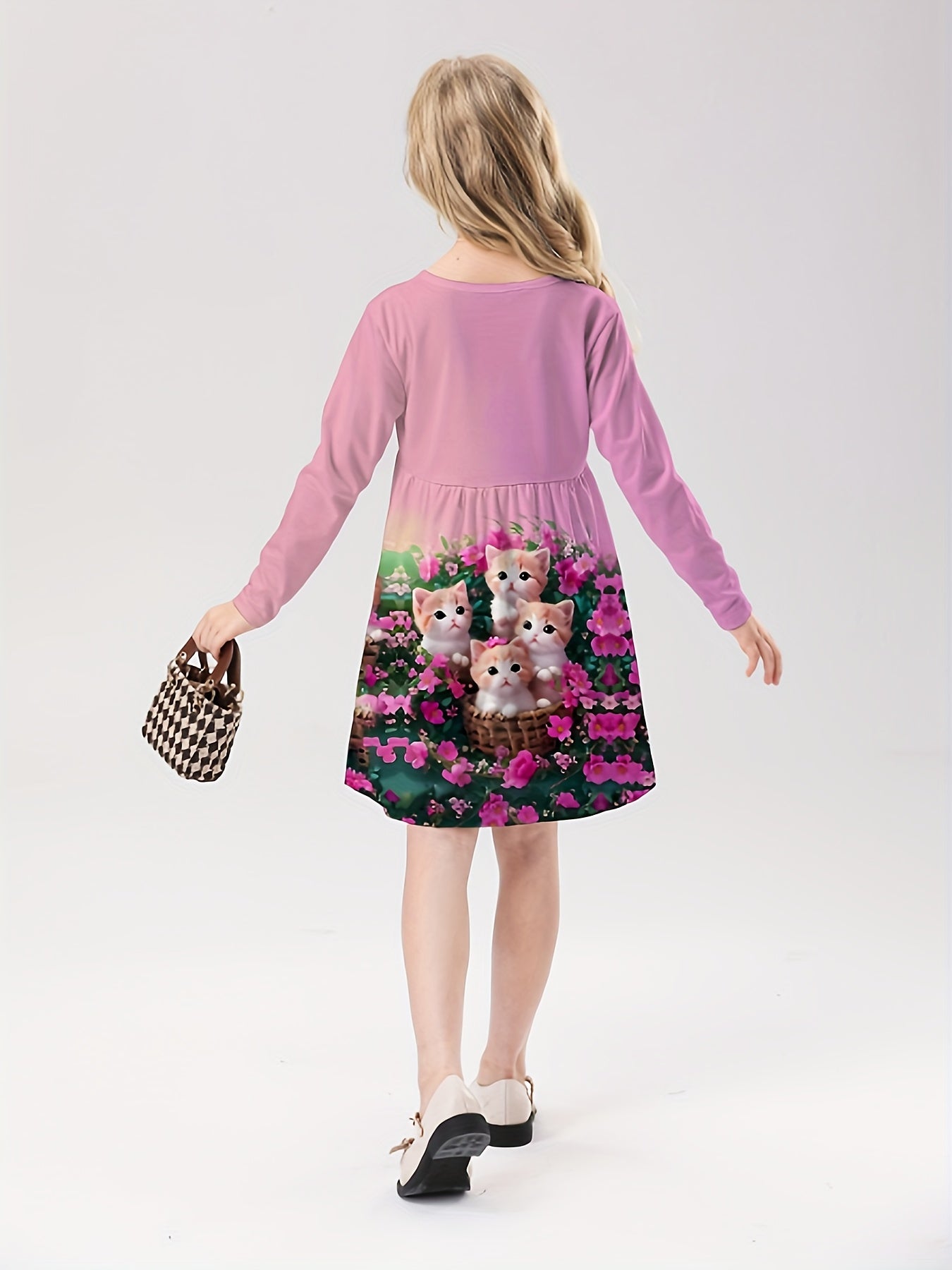 Girls Kitty Graphic Crew Neck Long Sleeve Dress 2-14y