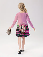 Girls Kitty Graphic Crew Neck Long Sleeve Dress 2-14y