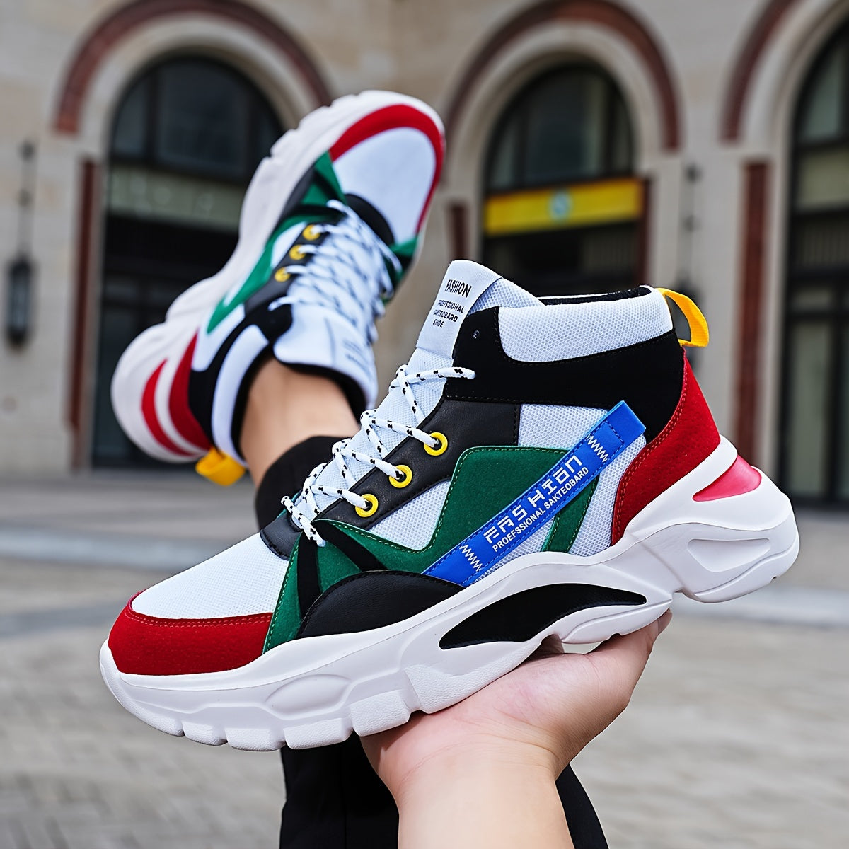 Men's High Top Basketball Shoes Colour Block Non Slip Lace Up Sneakers