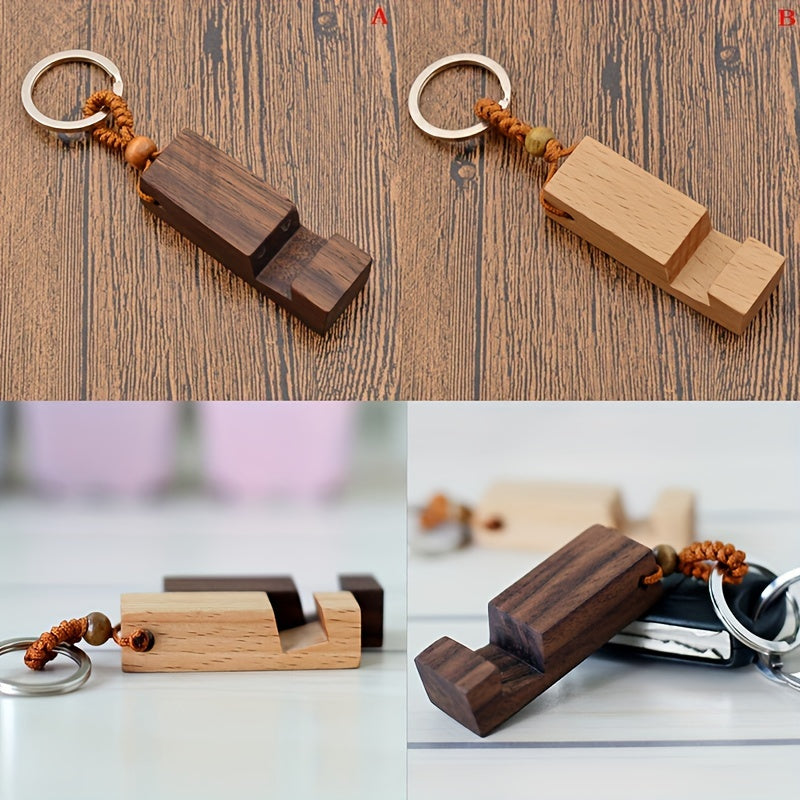 Retro Wood Phone Holder Stand Keychain Car Keyring Ornament Accessory