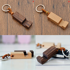 Retro Wood Phone Holder Stand Keychain Car Keyring Ornament Accessory