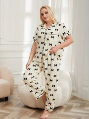 Bow Knot Print Pajama Set Short Sleeve Shirt & Pants