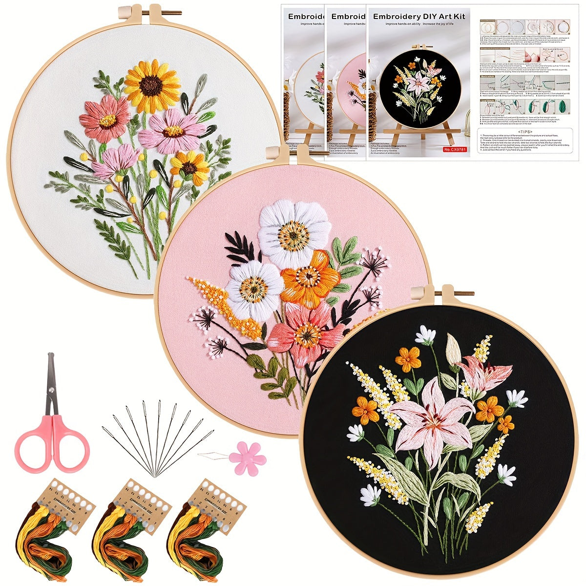Adult Embroidery Starter Kit: Flower Patterns, Hoop, Thread, Needles