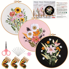 Adult Embroidery Starter Kit: Flower Patterns, Hoop, Thread, Needles