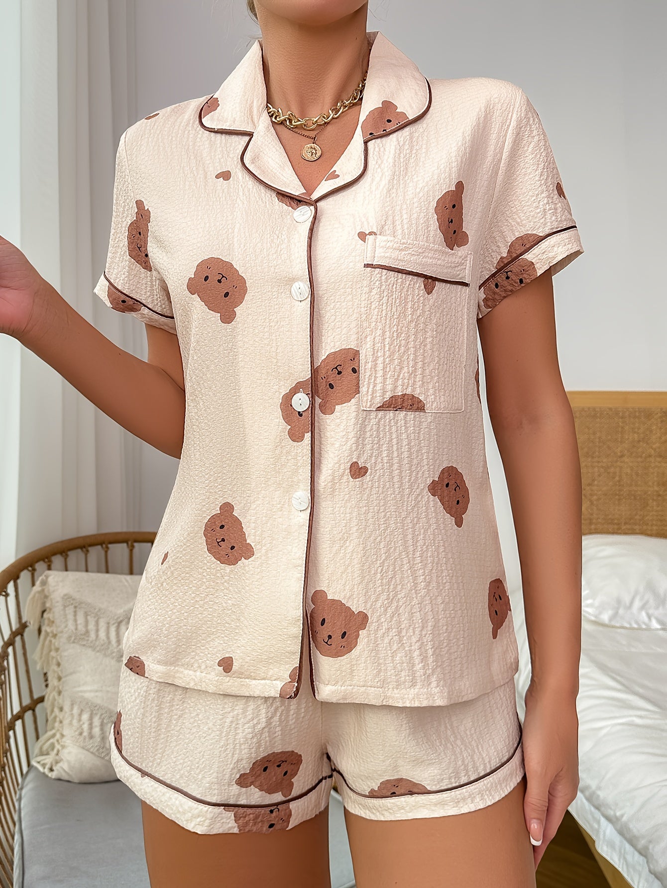 Bear Print Pajama Set Short Sleeve Top & Shorts