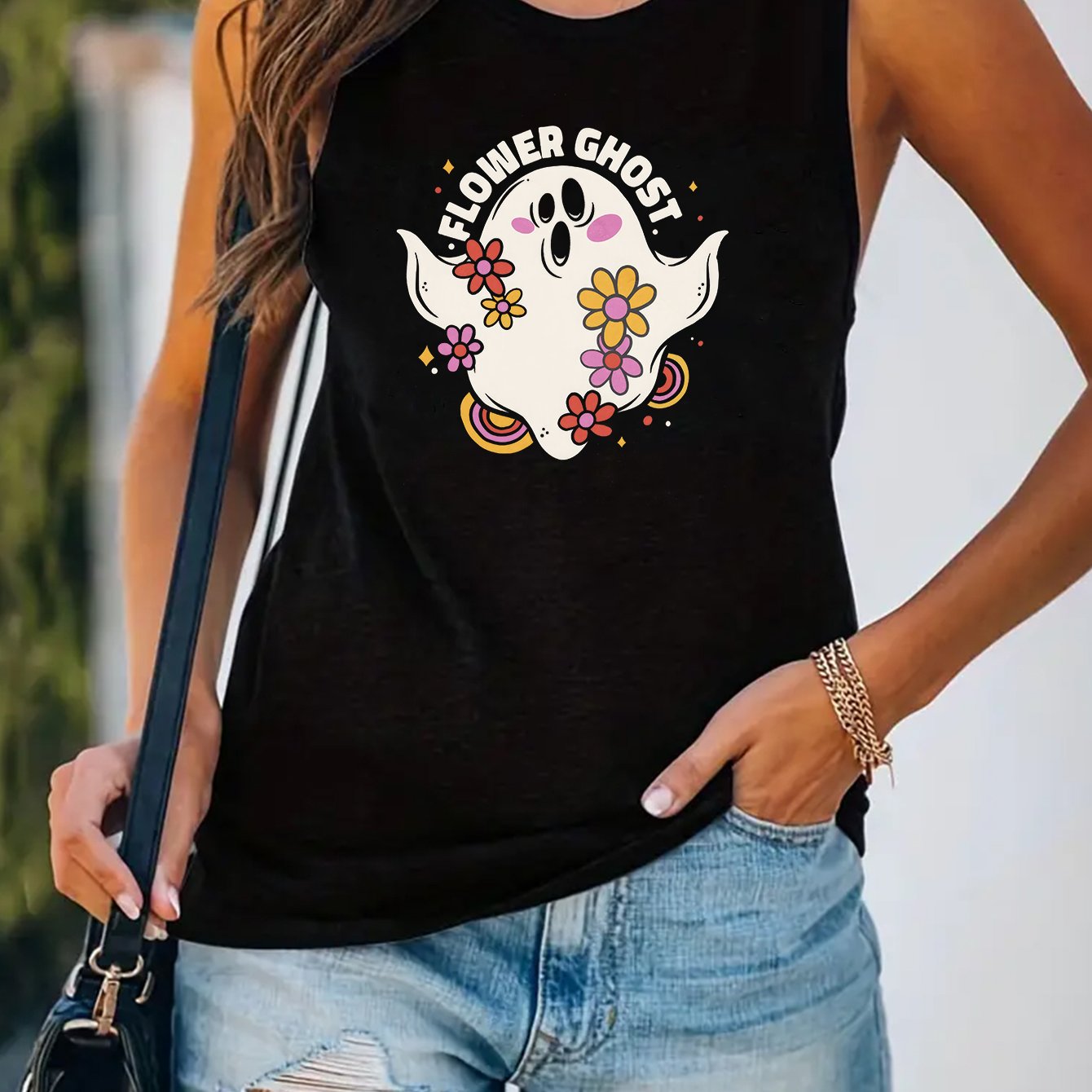 Flower Ghost Print Sleeveless Tank Top