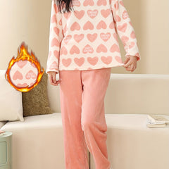 Heart Print Fuzzy Pajama Set Long Sleeve Crew Neck Top & Elastic Waistband Pants