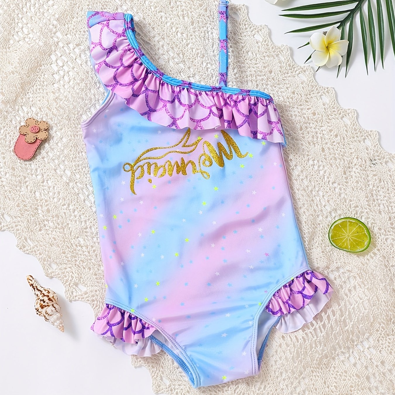 Girls One Shoulder Mermaid Swimwear Frilled Bathing Suit