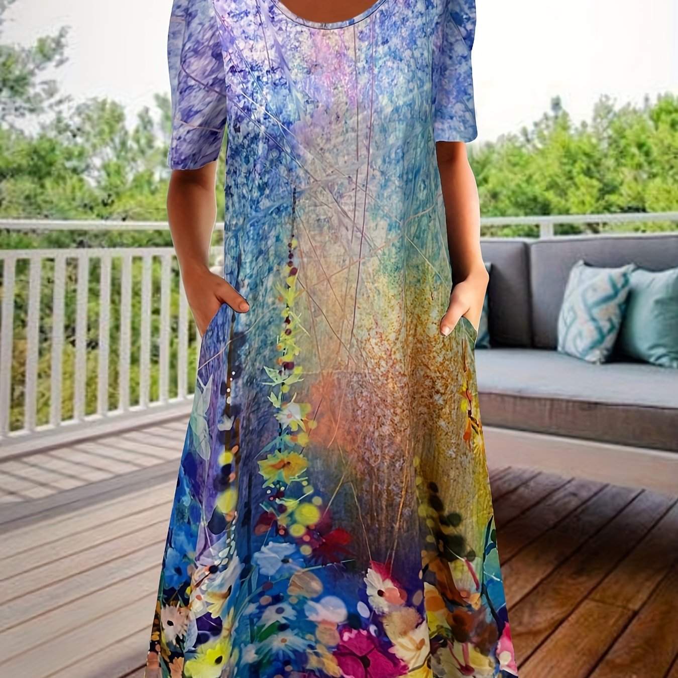 Floral Print Short Sleeve Round Neck Dress With Pockets