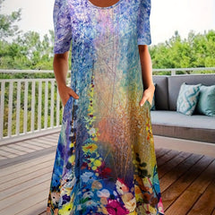 Floral Print Short Sleeve Round Neck Dress With Pockets