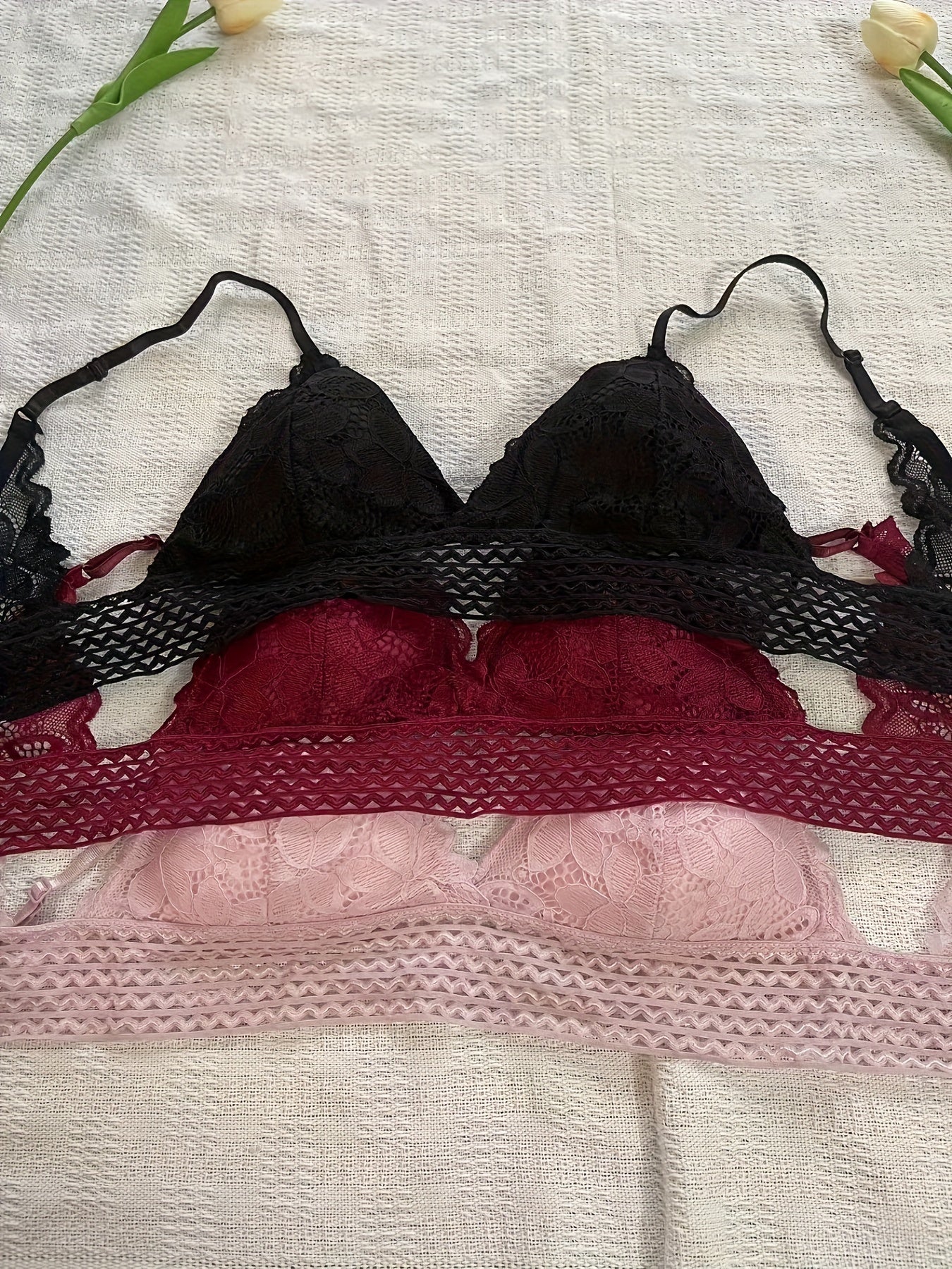 3pcs Lace Wireless Bras Breathable Stretch Intimates Lingerie