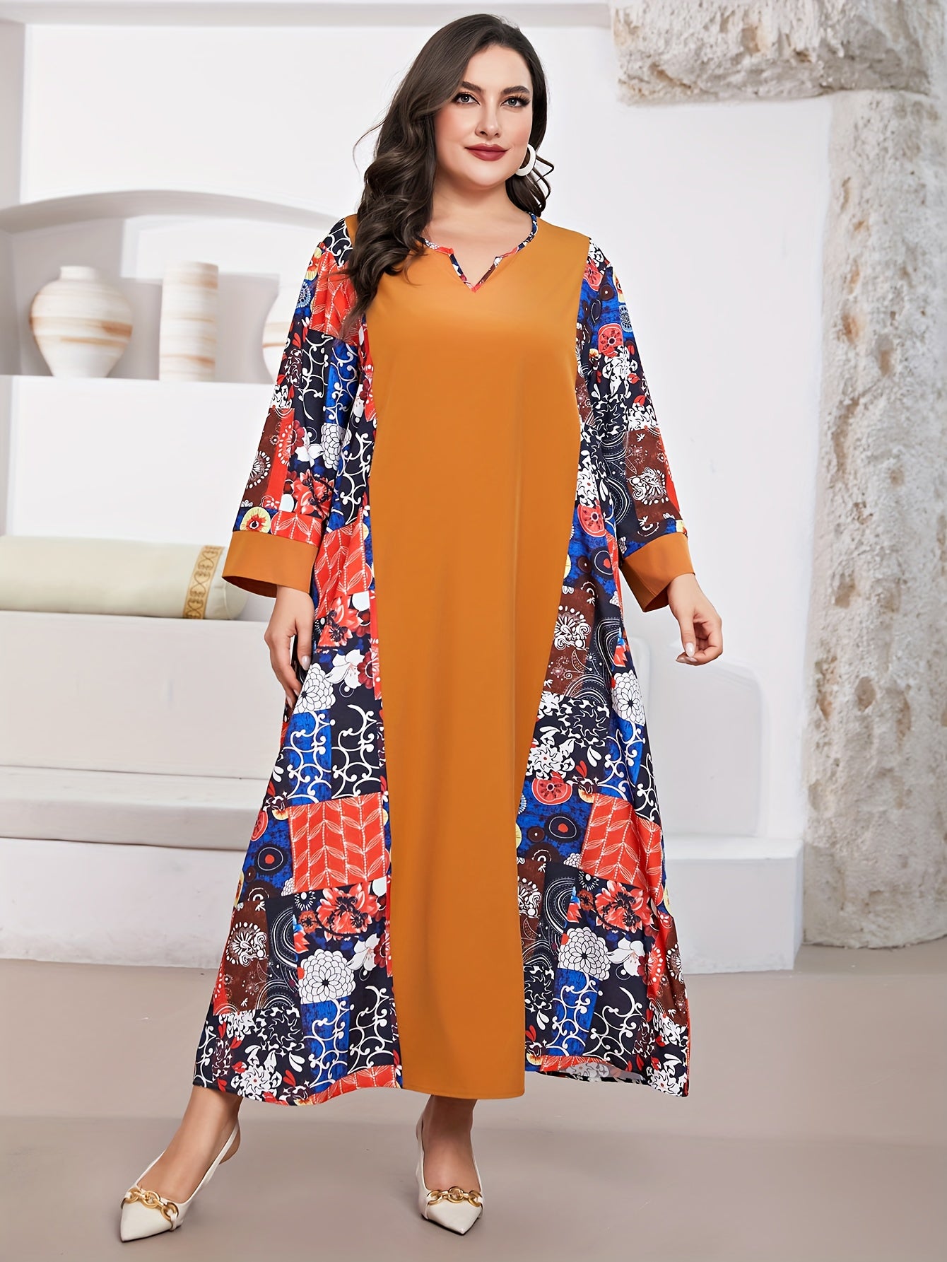 Boho Maxi Dress Floral Print Long Sleeve Notched Neck