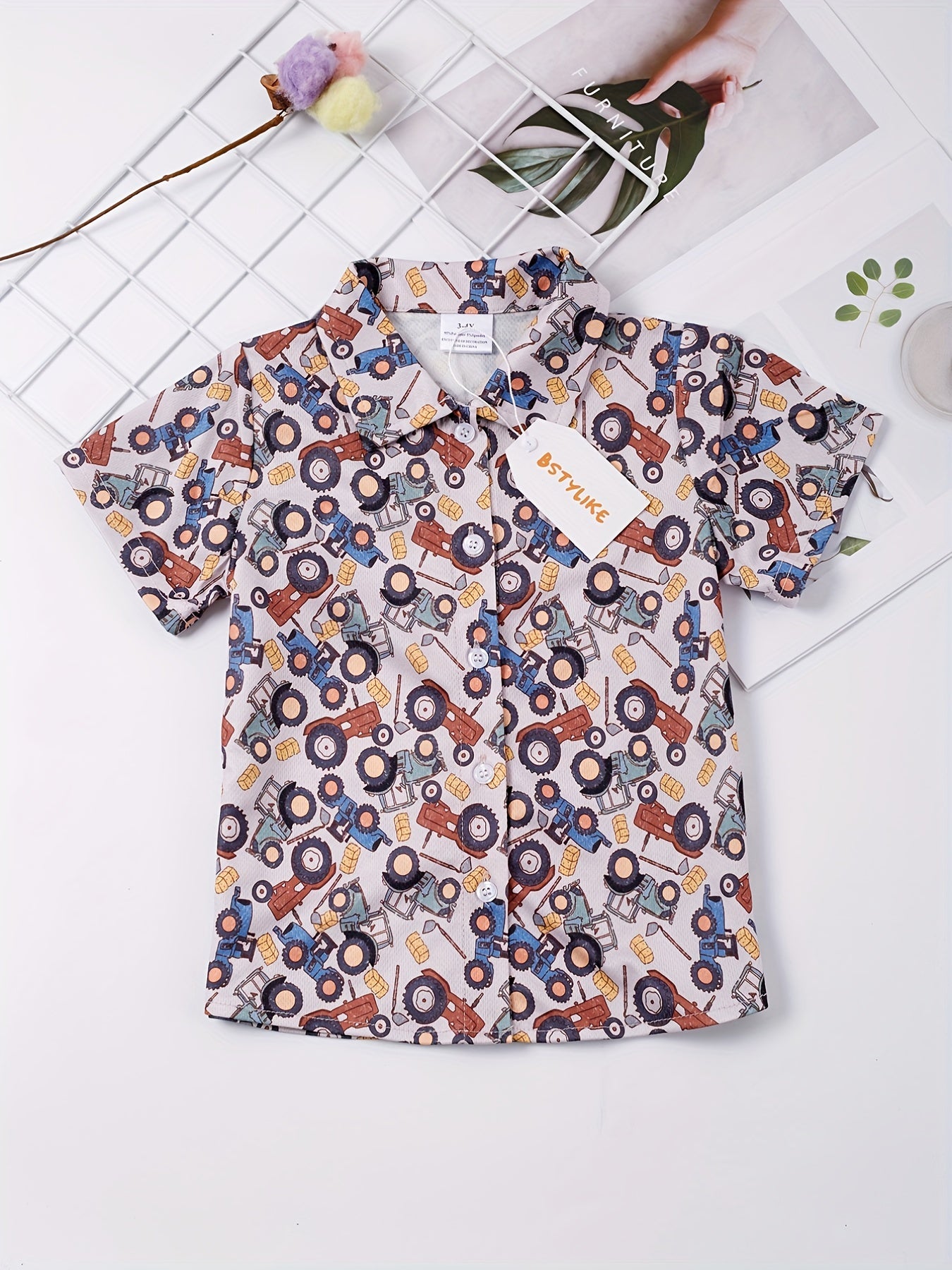 Boys Tractor Short Sleeves Button Down Shirt Tops Casual