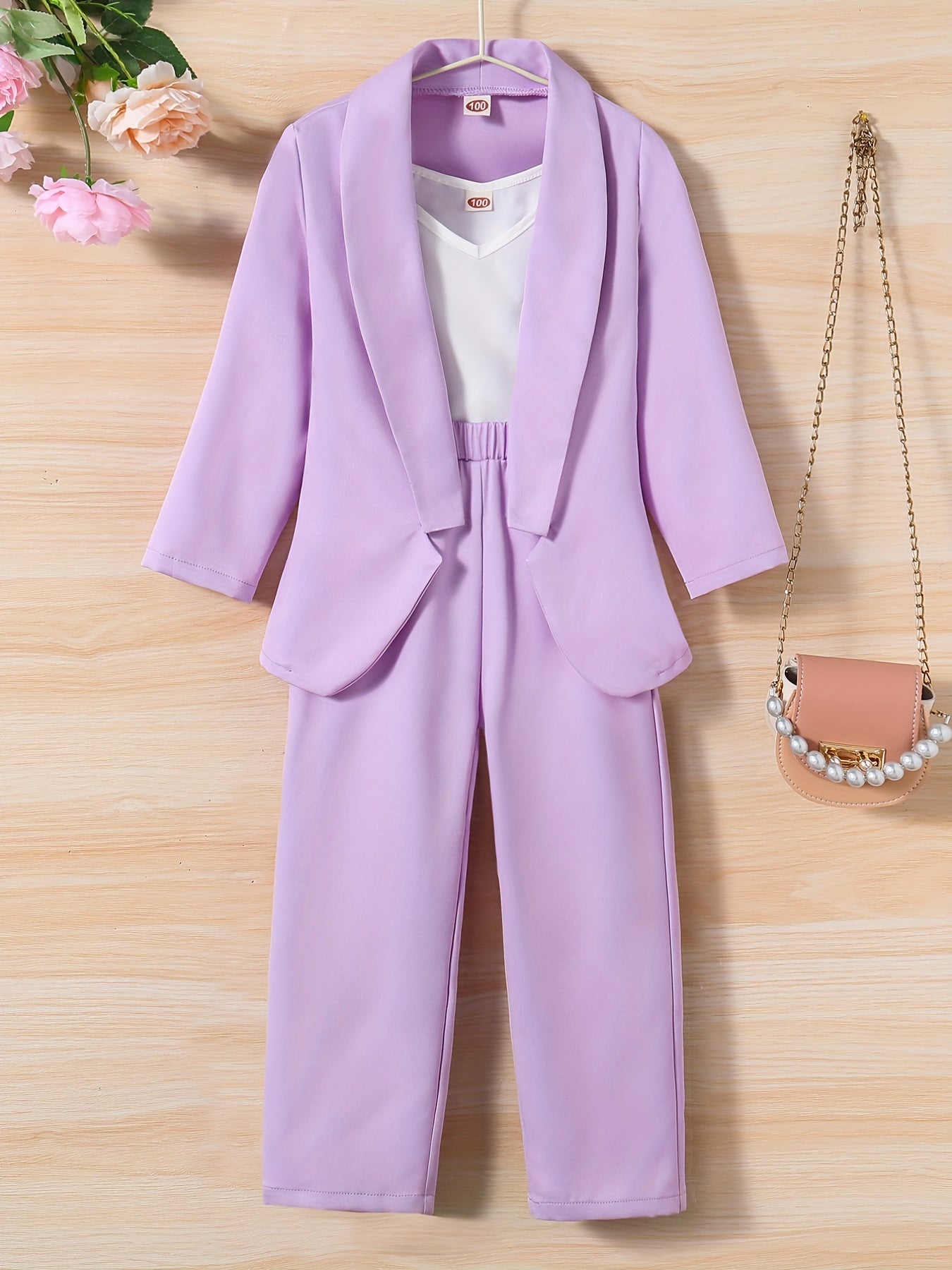 Girls 3pcs Blazer & Camisole & Pants Set Solid Long Sleeve Coat Top Kids Clothes