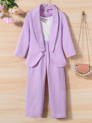 Girls 3pcs Blazer & Camisole & Pants Set Solid Long Sleeve Coat Top Kids Clothes