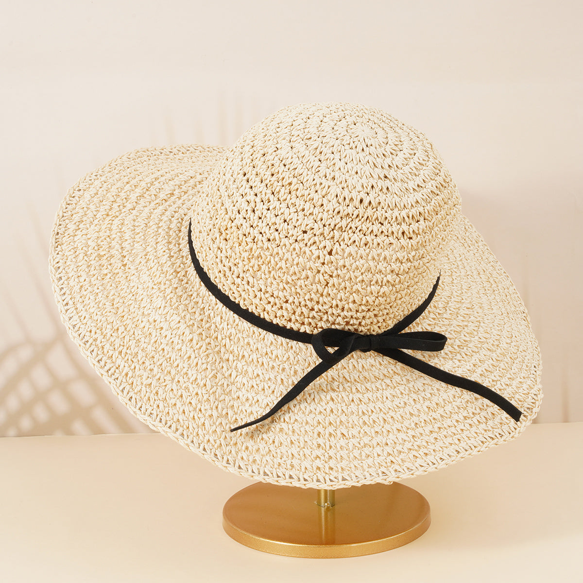 Boho Straw Hat with Thin Bow Tie for Beach Travel