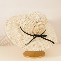 Boho Straw Hat with Thin Bow Tie for Beach Travel