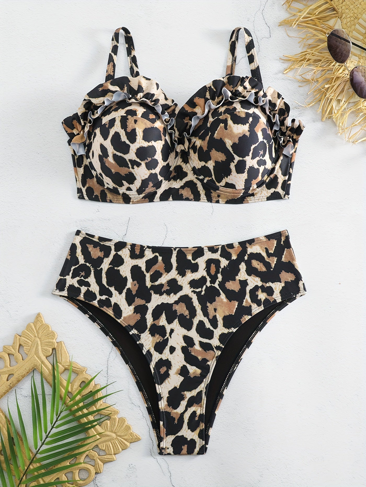 Leopard Print Ruffle Bikini Set Bra & Panty Swimsuit