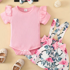 3pcs Baby Girls Short Sleeve Onesie & Floral Suspender Skirt Set