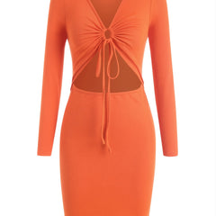 Y2K Knot Front Cut Out V Neck Long Sleeve Bodycon Dress