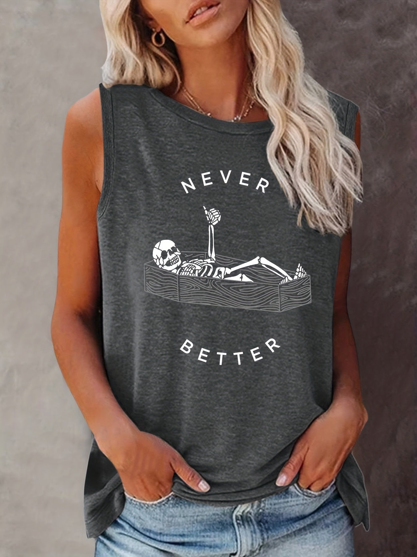 Skeleton & NEVER BETTER Print Tank Top Sleeveless Top For Summer Women