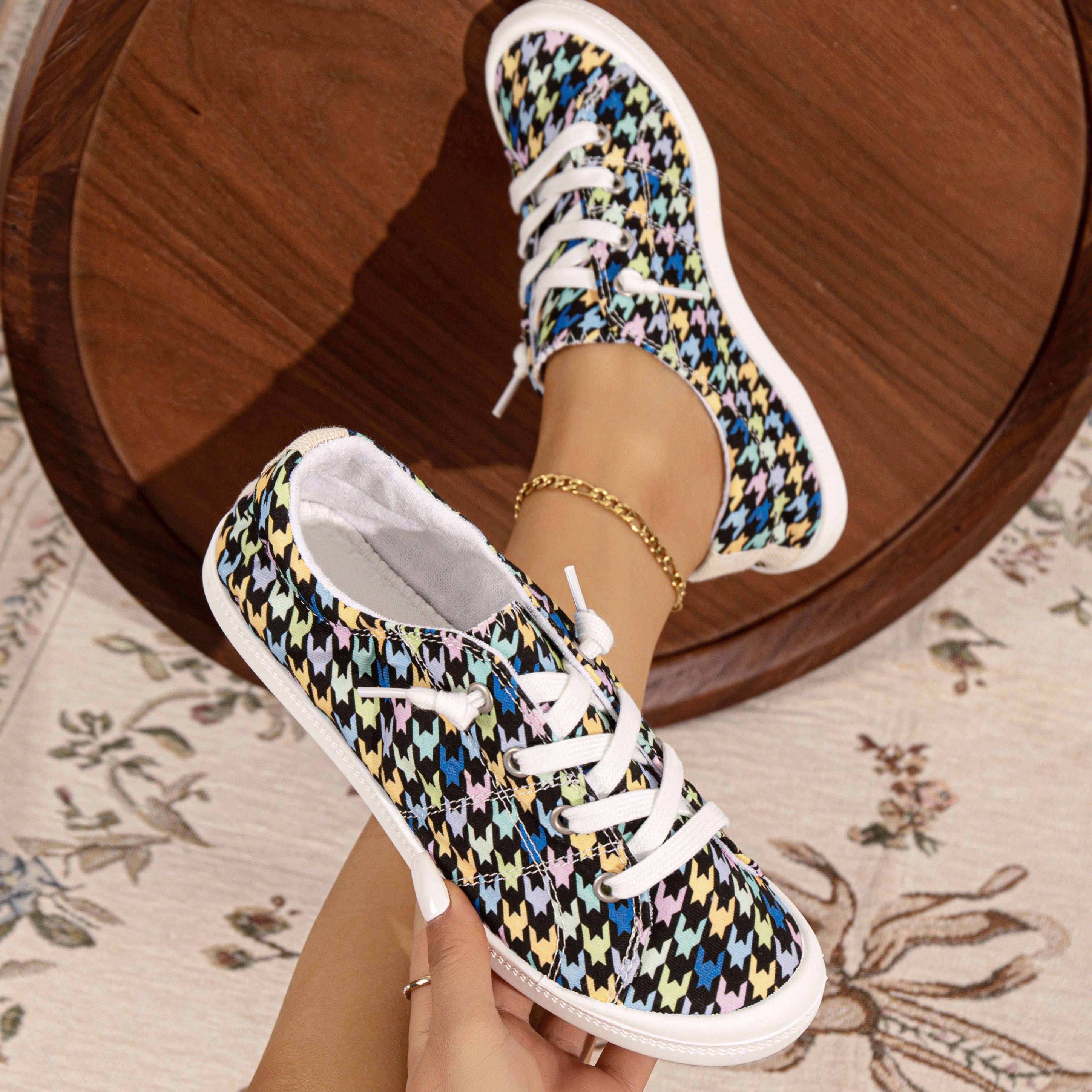 Women's Colored Houndstooth Canvas Shoes Lace Up Flat Sneakers