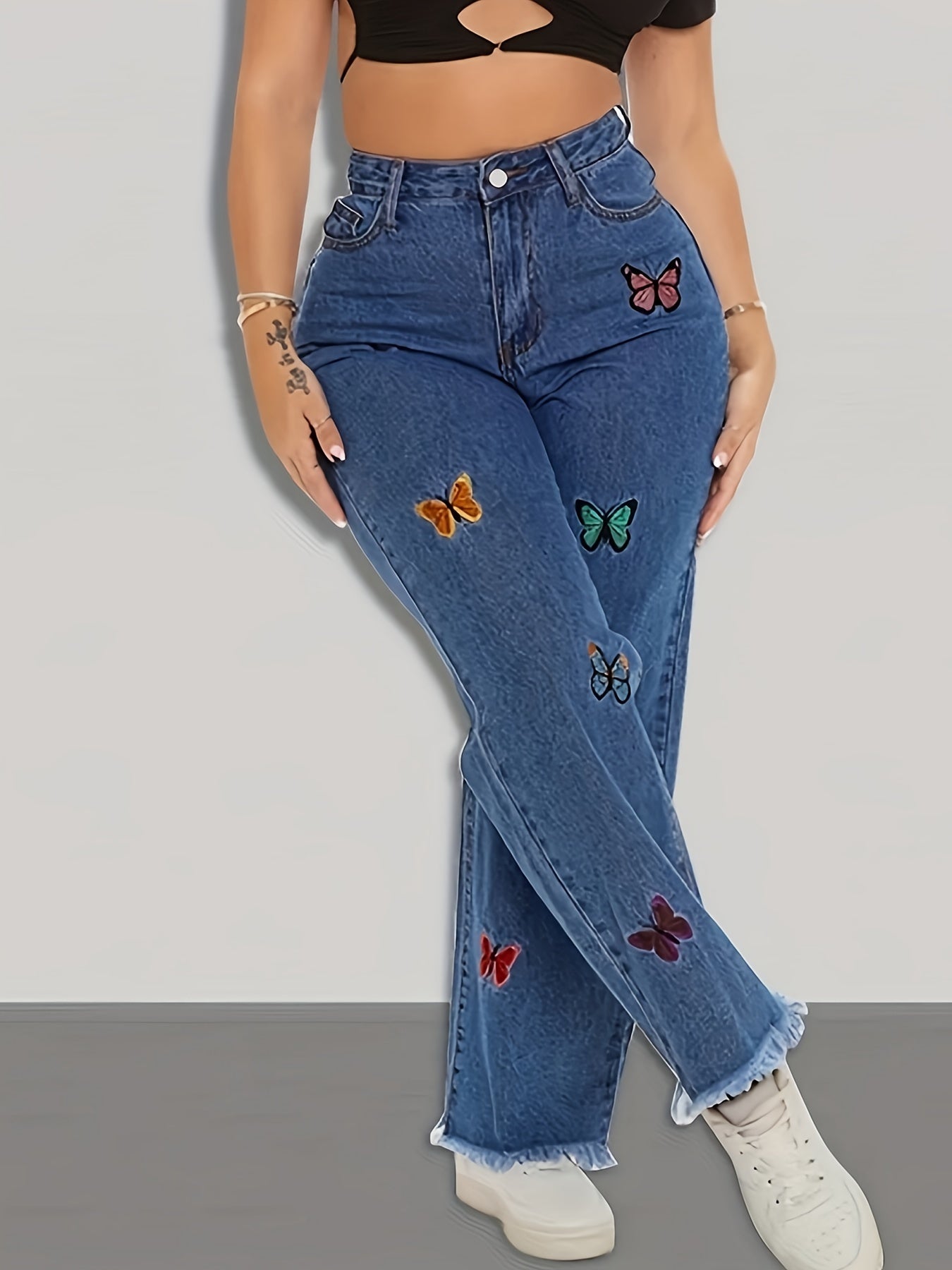 Butterfly Print Wide Leg Jeans
