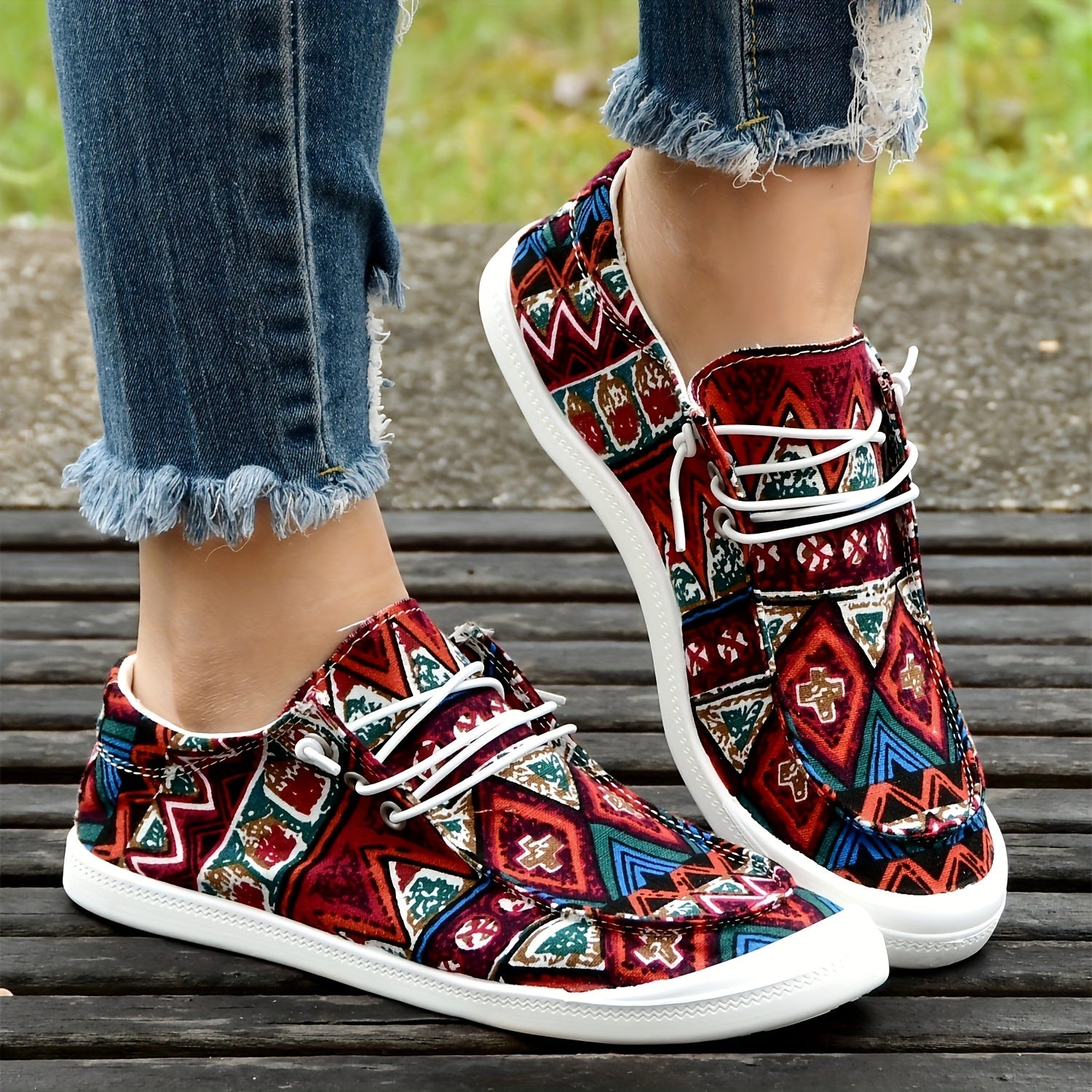 Women's Ethnic Red Boat Shoes Lightweight Flat Walking Shoes