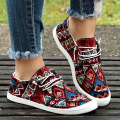 Women's Ethnic Red Boat Shoes Lightweight Flat Walking Shoes