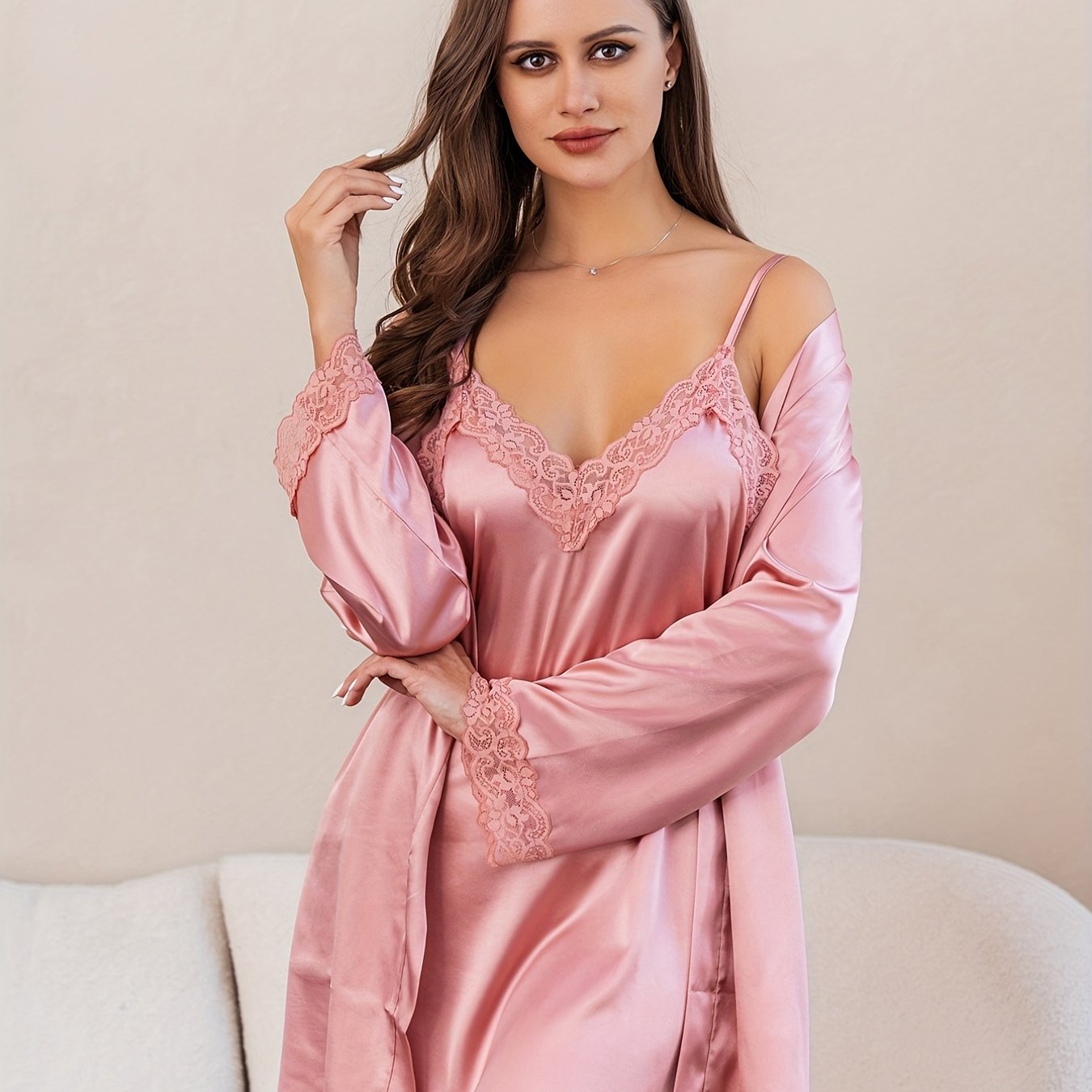 Lace Stitching Lounge Set Long Sleeve Robe & Slip Dress
