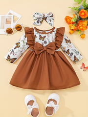 Baby Girls Butterfly Print Big Bow Dress Headscarf 2pcs Suit