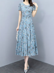 Floral Print Chiffon Dress Crew Neck Short Sleeve Casual Dress