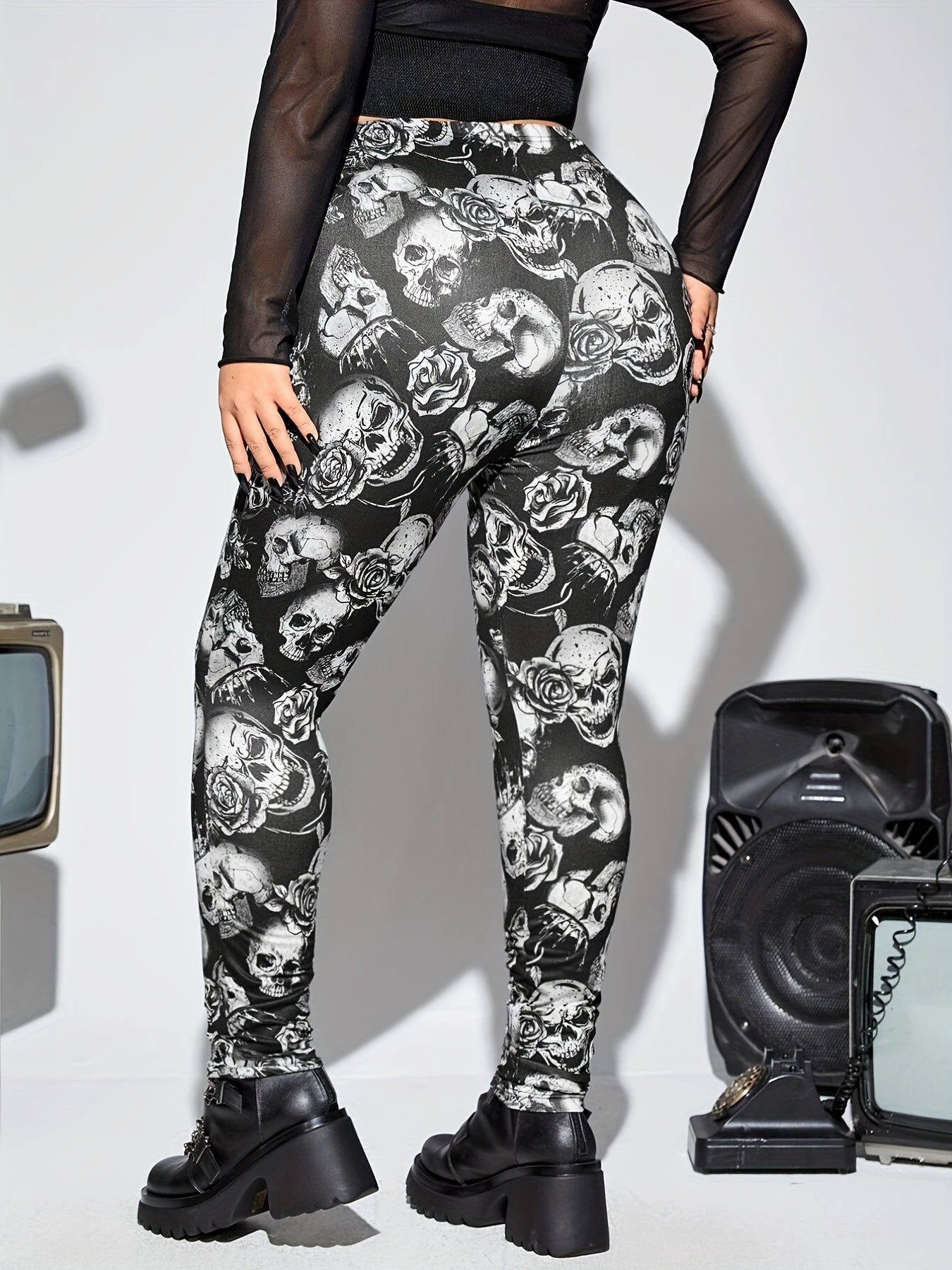 Floral Skull Print High Waist Sports Leggings