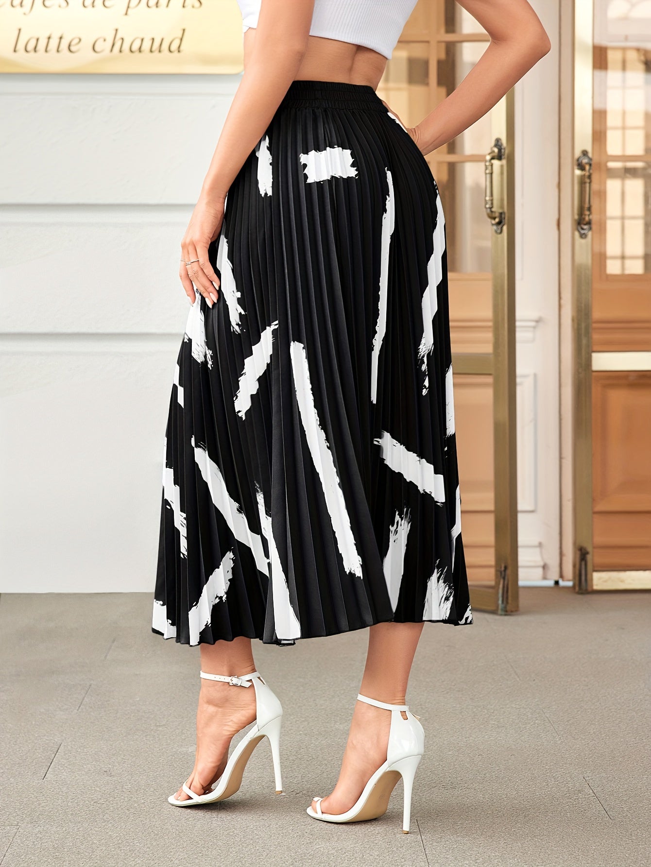 Vintage Brush Print Pleated Skirt Elastic Waist Midi