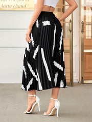 Vintage Brush Print Pleated Skirt Elastic Waist Midi