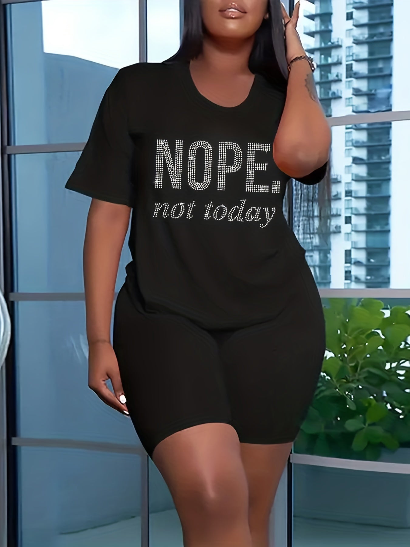 Rhinestone Letter Two piece Set Short Sleeve T shirt & Shorts Outfits