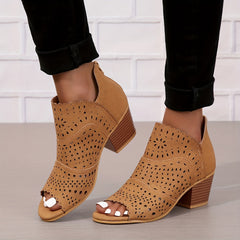 Chunky Heeled Sandals Peep Toe Hollow Out Back Zipper Mid Heels