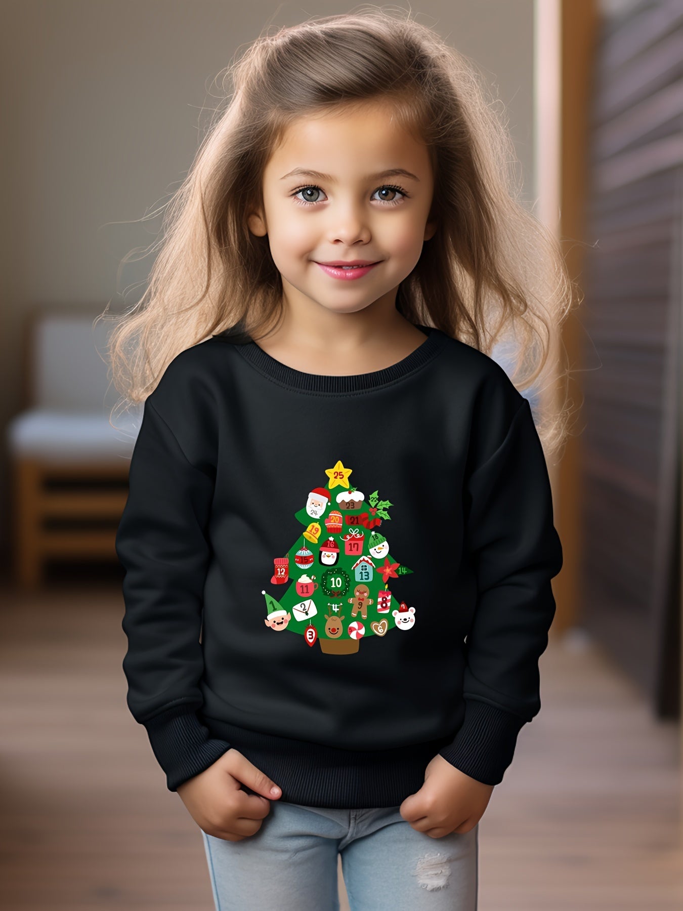 Christmas Tree Graphic Crew Neck Long Sleeve Sweatshirt Kids Clothes