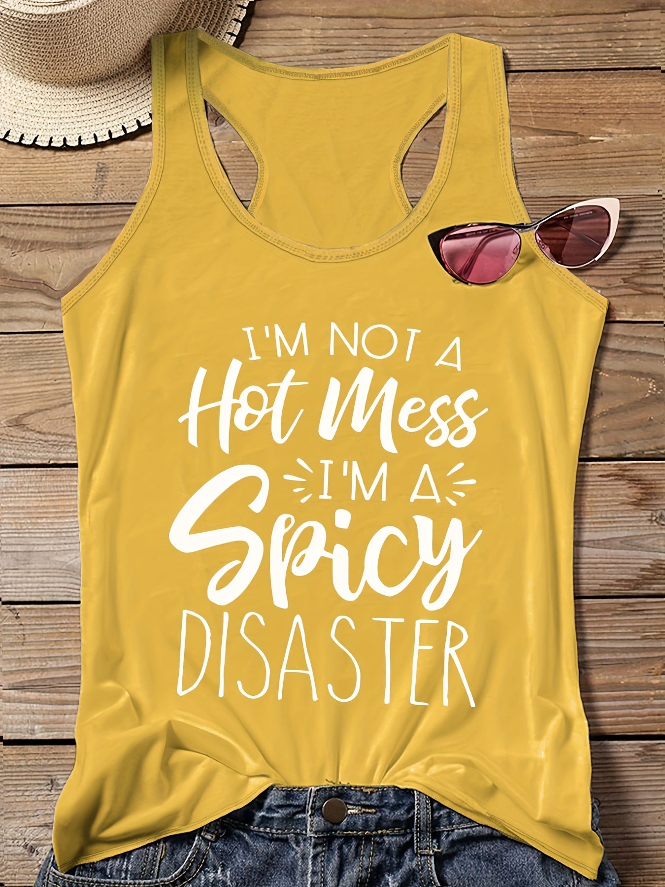 Slogan Print Round Neck Vest Top