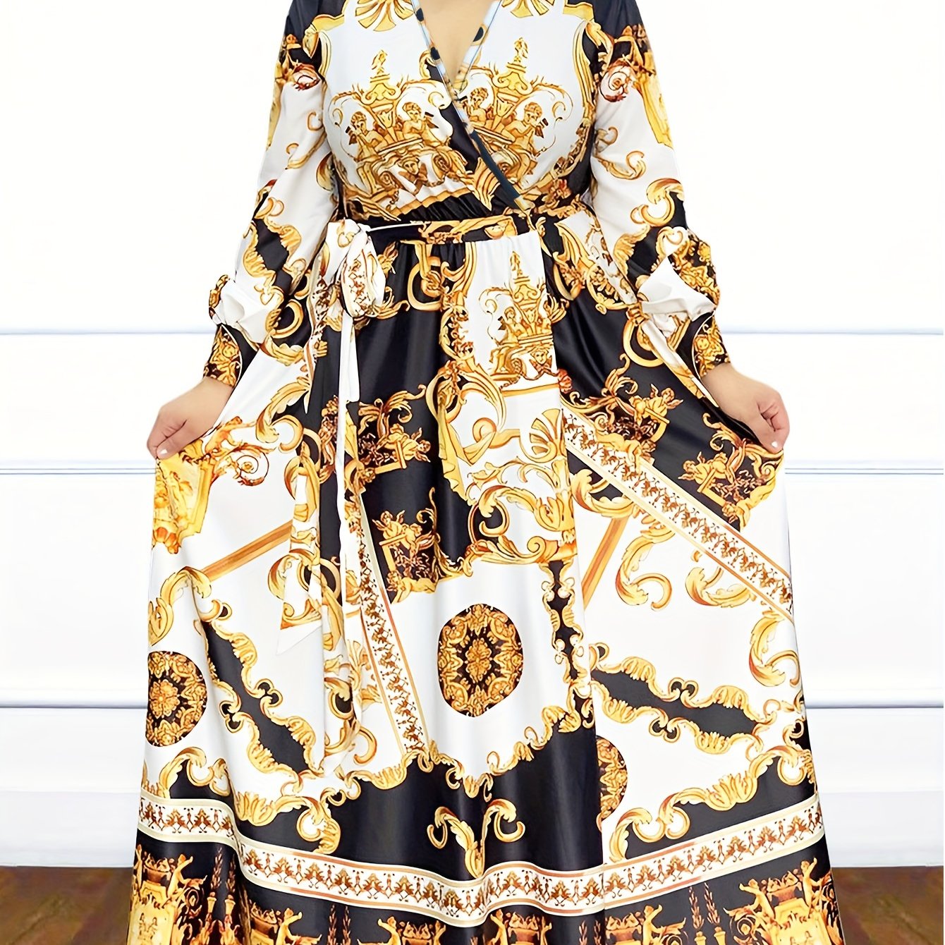 Baroque Print Maxi Dress With Belt
