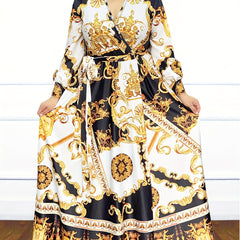 Baroque Print Maxi Dress With Belt