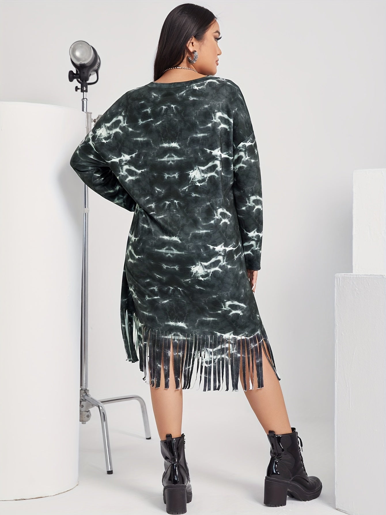 Tie Dye Fringe Trim Long Sleeve Dress