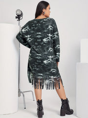 Tie Dye Fringe Trim Long Sleeve Dress