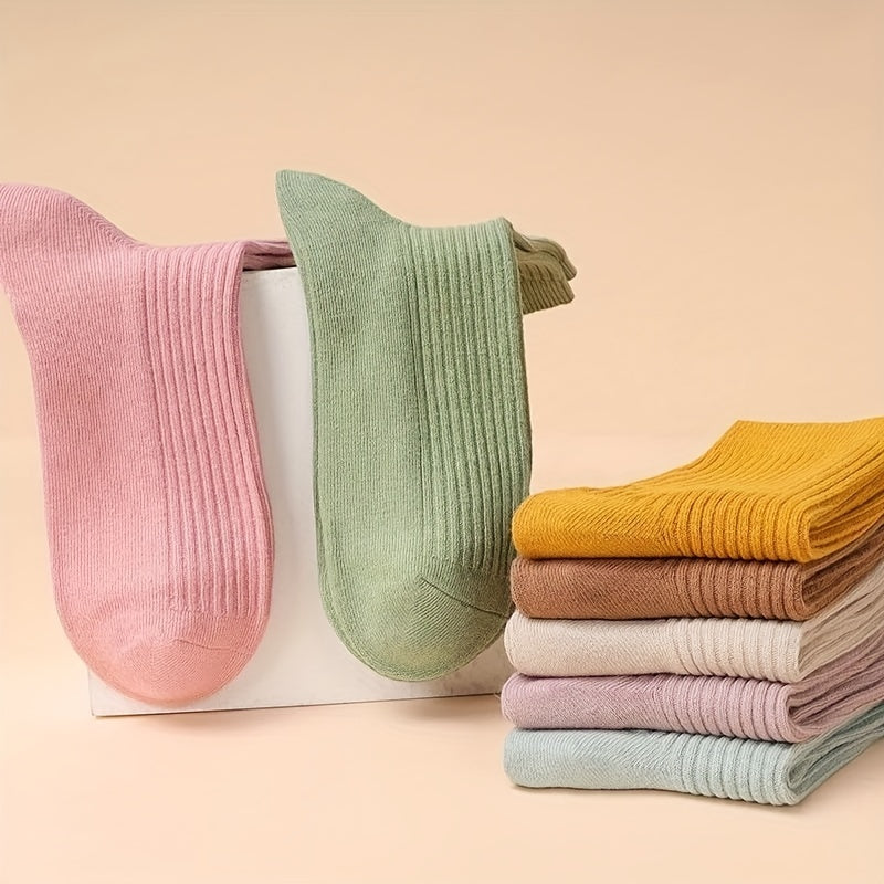 5 Pairs Solid Ribbed Socks Women's Stockings