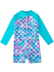Mermaid Swimsuit Fish Scale Print Long Sleeve Bathing Suit UPF 50