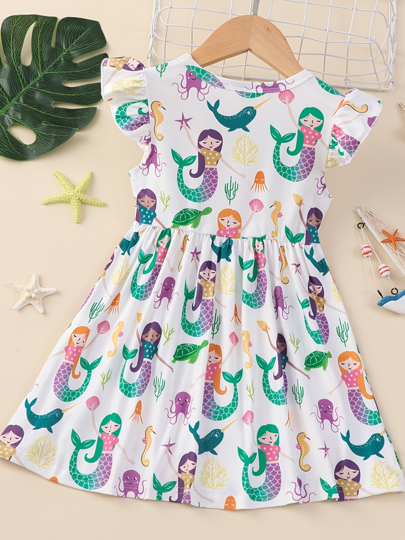 Girls Mermaid Princess Dress with Sea Animals Graphic