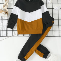 2pcs Baby Boys Splicing Pullover Round Neck Long Sleeve Sweatshirt & Pant Set