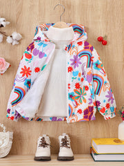 Butterfly Print Hooded Coat Girls Fleece Lined Zipper Closure Winter Warm Jacket