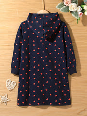 Girls Hearts Hooded Pullover Dress for Spring and Autumn